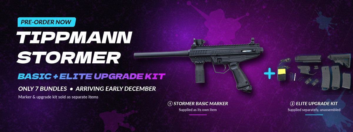 Pre-order now: Tippmann Stormer Basic + Elite Upgrade Kit bundle. Only 7 bundles, arriving early December. Stormer Basic marker and Elite upgrade kit supplied as separate items, kit unassembled.
