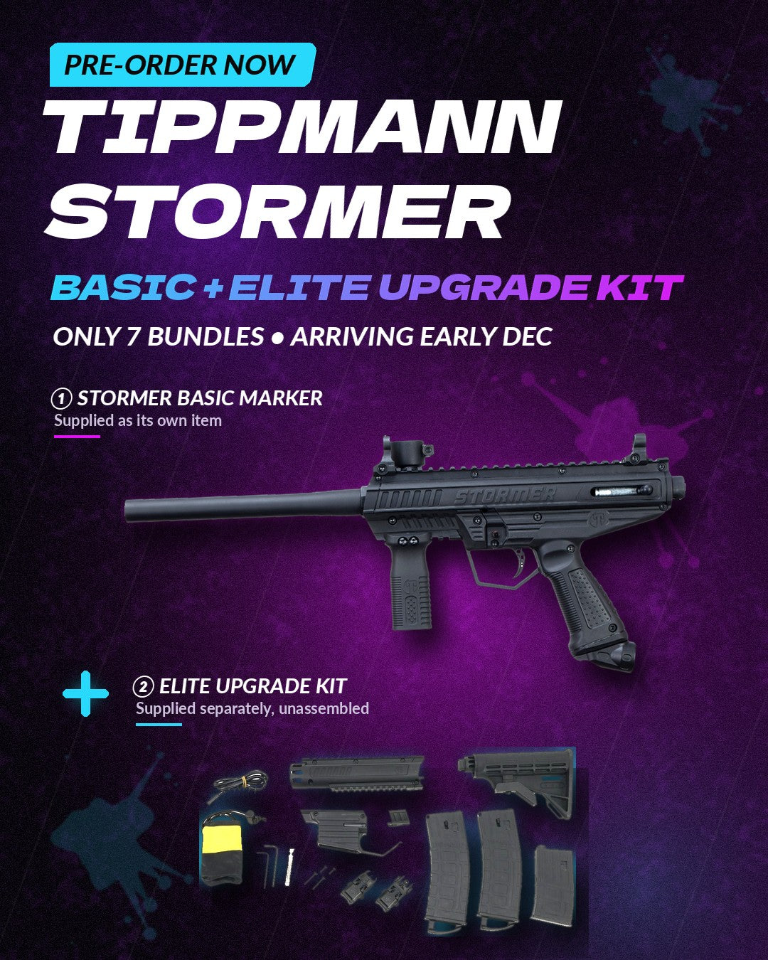 Pre-order now: Tippmann Stormer Basic + Elite Upgrade Kit bundle. Only 7 bundles, arriving early December. Stormer Basic marker and Elite upgrade kit supplied as separate items, kit unassembled.
